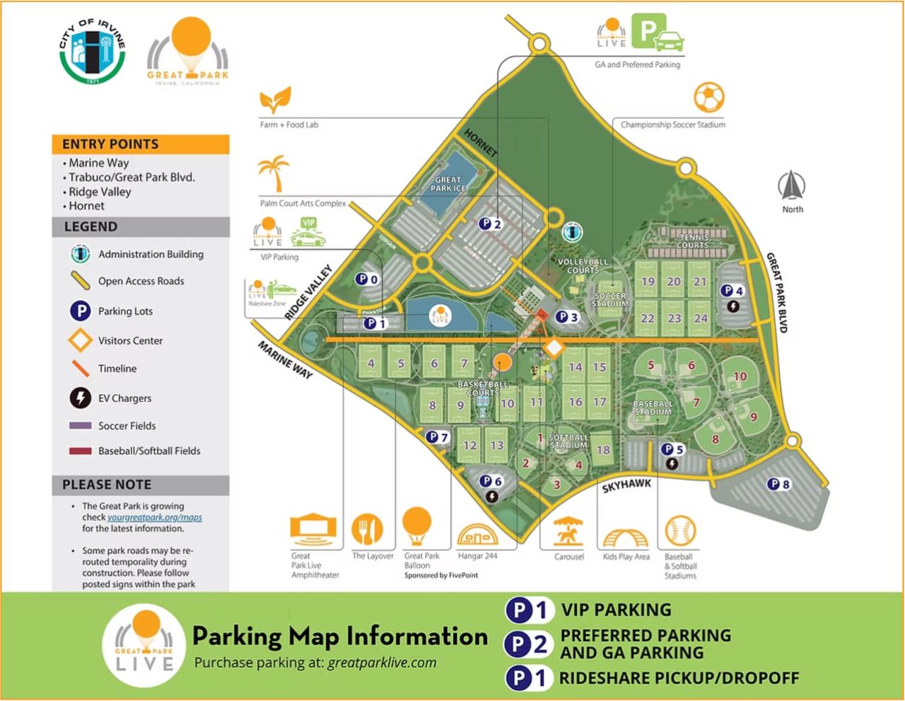 Great Park (Irvine) parking map with entry points, lots, and field locations